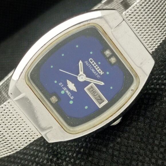 Vintage 1989 Citizen Automatic Womans Silver  Watch W/daydate & Blue accents - Picture 1 of 8